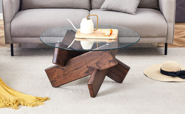 0e0879076d8f429d8efc7fcafc2eb7c8_8d4ce366a202b18914577a8d3632ff64 Round glass coffee table, 33.4" modern design unique coffee table. Tempered glass top with Walnut colored texture sticker MDF legs. Suitable for living and dining rooms