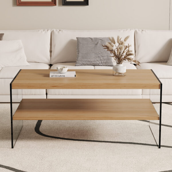 Double layered rectangular coffee table.The board is made of MDF with wooden stickers, with transparent tempered glass on both side.Suitable for various occasions such as living rooms and bedrooms.