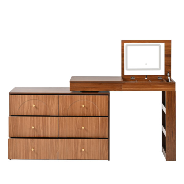 Vanity Desk with Mirror and Lights, Makeup Vanity Table with Flip-Top Tabletop and Storage 7 Drawers, 9 Compartments, 3 Shelves, 3 Color Modes Adjustable Makeup Table for Bedroom, Walnut