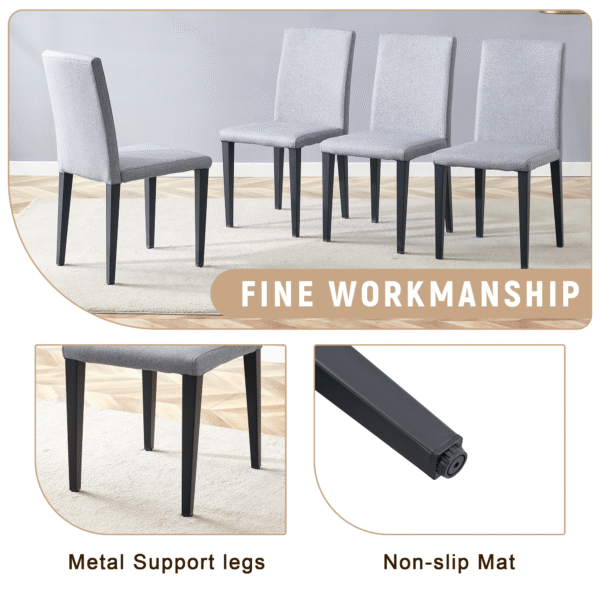 Table and chair set.71*35.4 inch Wooden And Black Spliced Dining Table With Storage Function In The Middle Of The Table Legs.Paired With 8 Light Gray Linen-Cotton Dining Chairs, Simple And Versatile.