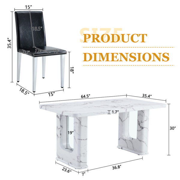 0e1610993e9844d3b8bb89984d5f74b3_c09f9c3024099634be37e20bed20e686 Table and chair set.64.5x35.4 Inch Stylish White Marble Textured Dining Table.Paried With 6 Black PU dining chairs, Silver Metal Legs.Simple and versatile.High Elasticity Sponge Filling.