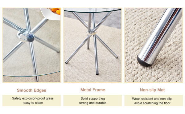 0e4e2deda20d47dfb61b82a70b0586ff_65cff215af3adb627394630c8d889f52 Table and chair set.36.6"Round clear glass dining table with a unique shape with ring-shaped gathered silver metal legs.Paired with 4 Dark gray high-quality PU dining chairs with silver metal legs.