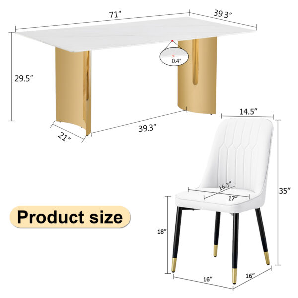 0e57ecd2c61d4d07a60af2c17f1eebd0_339573e729bb540aecbbe24349ae02a9 Table and chair set.The table has a glass top with imitation marble pattern stickers and stainless steel golden legs. Paried with chairs with PU artificial leather backrest cushions and black legs.
