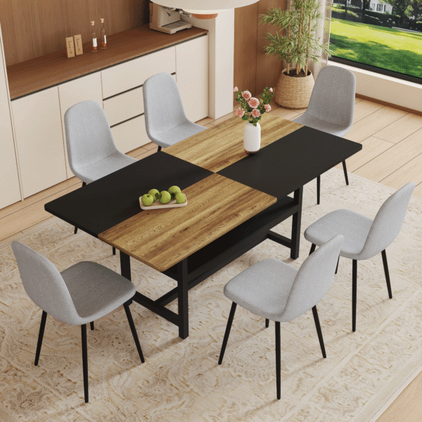 Table and chair set.71*35.4 inch Wooden And Black Spliced Dining Table With Storage Function In The Middle Of The Table Legs.Paired With 6 Light Gray Linen Fabric Chairs.