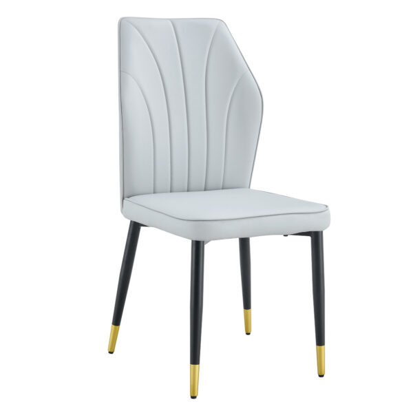 0e734f6567cd4d4ba2c951e34a33cf0d_b44306ddd1acd146bb8087461efd1d91 4 light gray modern dining chairs with stylish PU patterned backrest and black metal legs for a comfortable home experience in the kitchen, bedroom and office.