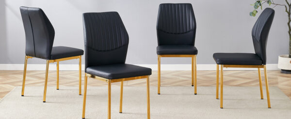 0e8f1f16a73b41b19f0dce4573097573_fad551a64195d2020855e870b22c19e3 Luxury Simple Chair - Set of 6 BLACK PU Material High Resilience Dining Chair with Metal Gold Leg.The Chair Back Has a Vertical Stripe Design With Smooth And Uniform Lines.