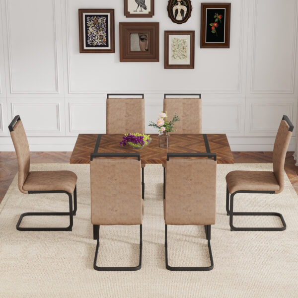 Table and chair set.A retro rectangular dining table with fishbone patterned MDF desktop and black metal legs.Paired With 6 Brown technology fabric chairs with Featuring arched black legs.
