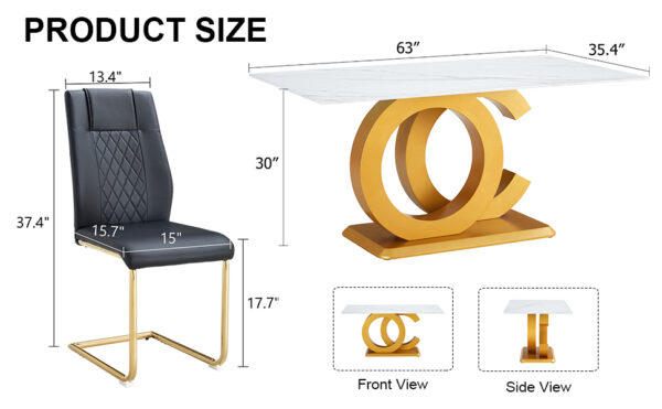 0ea31679629446648fec93f80e3b98f1_9d3d1fad9eae373777985299331773b2 Table and chair set.Subtle Luxury Tempered Glass Dining Set - 63"x35.4" with 6 Black PU Chairs with golden C-tube metal leg.Arched Metal Gold Leg.White imitation marble texture sticker Tabletop.