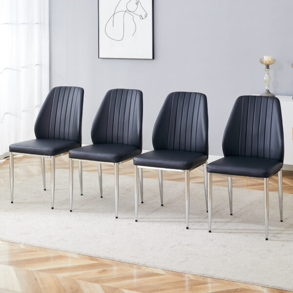 0ebaff8eaabd4bb69c31a383b9b03500_9d0146130004a860aeded342d5ff5ffe Set of Four Black PU Comfort Dining Chairs (17.7"x25").Dining chair with extended backrest,BLACK PU,Silver metal legs,Suitable for various places such as family restaurants, hotels, coffee shops,etc.