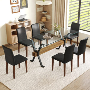 Table and chair set.79"x31.5" Inch Tempered Glass Tabletop With X-shaped Black Metal Table Legs,Wood Grain Textured MDF Crossbeam.Paired With 6 Black PU Dining Chairs with Walnut Color Metal Leg.