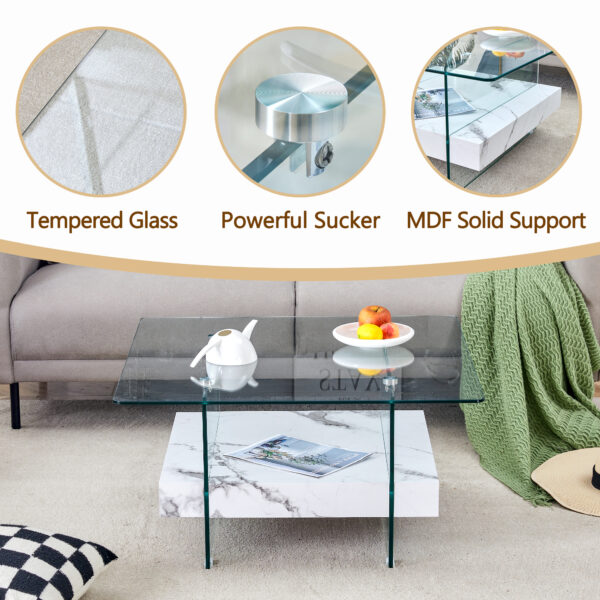 0ed4c4994fac4359b99bfa0ed9ce32a5_615dc042a73527728c0af88b8044487f 31.4 Inch Modern Two-Tier Square Coffee Table - An Elegant Combination of Clear Glass and White Marble Pattern Sticker.It can be used as a coffee table,a side table or a display stand.