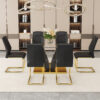 Table and chair set.Luxurious Tempered Glass Dining Set - 63"x35.4" with 6 Comfortable Black PU Chairs With Golden Arched Metal Legs .V-Shaped Support Design Table Leg.