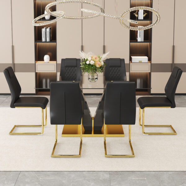 0ef22b1474ec40ada42f13aaff2ec8a5_fd7195e720cebebd53e6b790227a2c9c Table and chair set.Luxurious Tempered Glass Dining Set - 63"x35.4" with 6 Comfortable Black PU Chairs With Golden Arched Metal Legs .V-Shaped Support Design Table Leg.