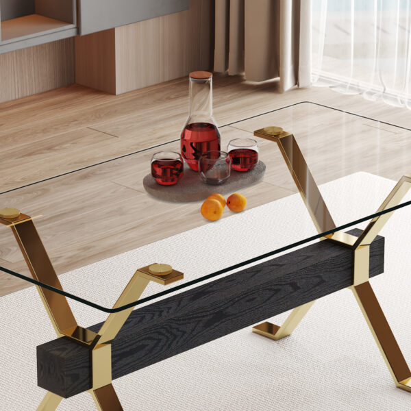 0ef87c12517b4ab49f2dbeb62c62e1e3_955813a1aae2c1e5e1ae0a1a7ad24c29 Table and chair set.Elegant Transparent Tempered Glass Dining Set - 71"x35.4" with 8 Light Gray PU Chairs with golden C-tube metal leg.X-shaped Golden Metal Table Legs,Black Textured MDF Crossbeam.