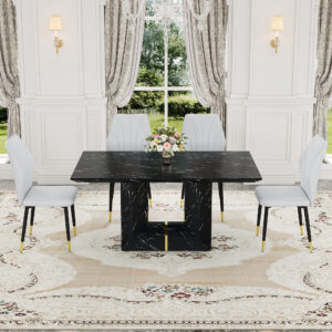 Table and chair set.Black Marble Pattern MDF Dining Set - 63"x35.4" with 4 light gray PU Chairs With a Widened Backrest Design.Giving you a luxurious feel.