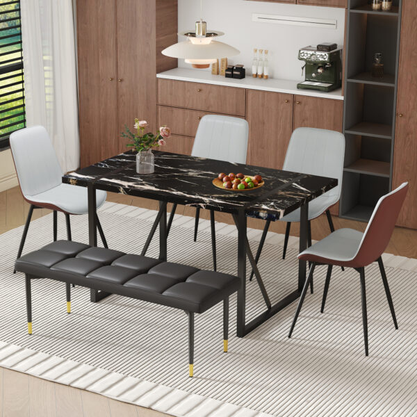 0f1c9c94bb8a45c79c4bb30fc5ed4e55_d949c3bef0cd1d947643d9c624c8684e Table and chair set.Modern Black Marble Pattern MDF Dining Table Set - 55"x31.4" with 4 Extended Seat Cushion PU Dining Chairs and 1 Bench,A Choice of Subtle Luxury for Modern Homes.