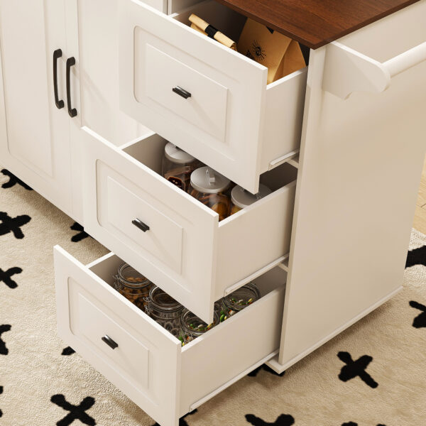 0f3cdb51d02b458d9a4fd499b43ca35b_d79b40a2021e4a0f5859ba4a60423af8 White Kitchen Island Cart with Foldable Tabletop & Drop Leaf - Mobile Breakfast Bar on Wheels with Wood Top and Storage
