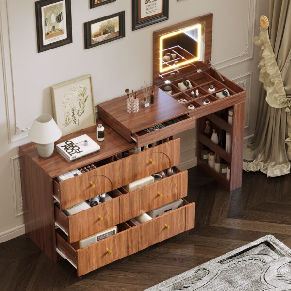 Vanity Desk with Mirror and Lights, Makeup Vanity Table with Flip-Top Tabletop and Storage 7 Drawers, 9 Compartments, 3 Shelves, 3 Color Modes Adjustable Makeup Table for Bedroom, Walnut