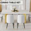 Table and chair set.The table has a glass top with imitation marble pattern stickers and stainless steel golden legs. Paried with chairs with PU artificial leather backrest cushions and black legs.