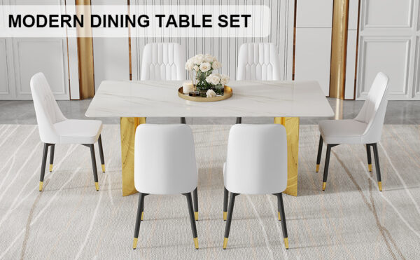 0f70ff026add49198e6e57d5cefbaf67_9332fc479dffec3b0ade40821dbbc902 Table and chair set.The table has a glass top with imitation marble pattern stickers and stainless steel golden legs. Paried with chairs with PU artificial leather backrest cushions and black legs.