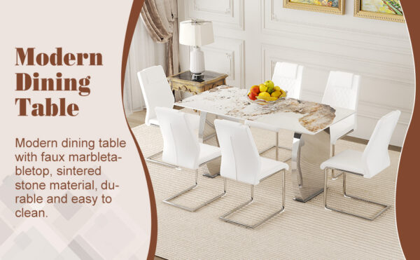 0f7ffff1fde44060b63911d26c8a8321_1e11f5b4067957e0f50d60eea5bb6e7b Table and chair set.63*31.4 Inch Pandora Patterned Sintered Stone Dining Table Set - 6 White Chairs With Silver Metal Legs.Modern Light Luxury.Perfect For Dinner Room,Meeting Room,Kitchen,etc.