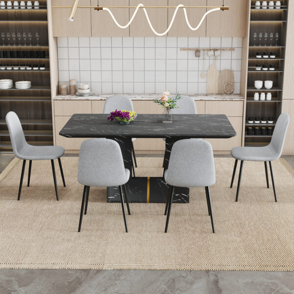 Table and chair set.Black Marble Pattern MDF Dining Table Set - 63"x35.4" with 6 Light Gray Linen Fabric Chairs.Integrated Seat and Backrest,Linen-Cotton Material.Suitable for kitchen,Dining room,etc.