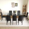 Table and chair set.79"x31.5" Inch Tempered Glass Tabletop With X-shaped Black Metal Table Legs,Wood Grain Textured MDF Crossbeam.Paired With 8 Black PU Dining Chairs, Simple And Versatile.