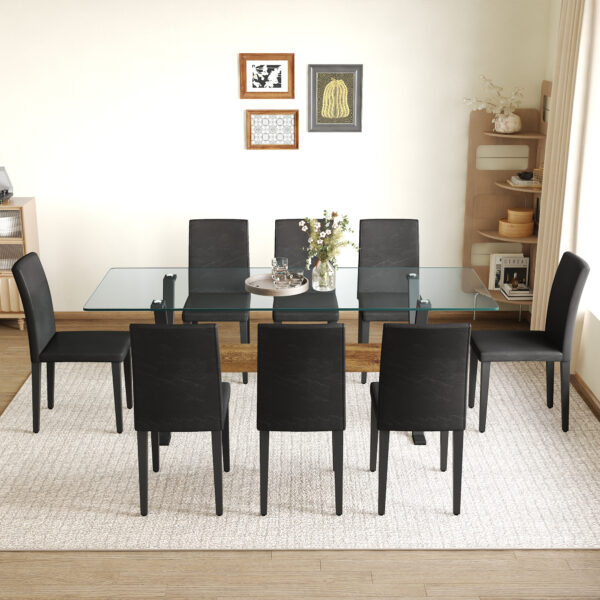 0f9d6cbbaa7748498698fbe61efafc48_65eec2de198e46bec21191a4f63e75a9 Table and chair set.79"x31.5" Inch Tempered Glass Tabletop With X-shaped Black Metal Table Legs,Wood Grain Textured MDF Crossbeam.Paired With 8 Black PU Dining Chairs, Simple And Versatile.