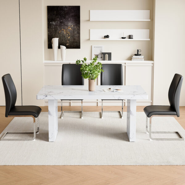 0fa3a9333bf14e679e4a2403e8636f03_840df6a1d393860e0772c67a11f76d75 Table and chair set.63"*35.4" White Imitation Marble Pattern MDF Dining Table Set - 4 Soft and Comfortable Black PU Chair With Arched Metal Silver Leg.Create Your Exclusive Low-Key Luxury Space.