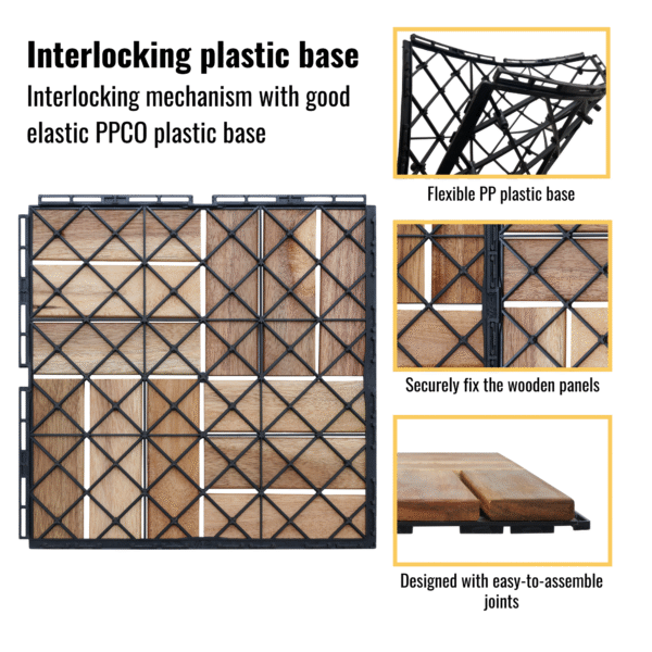 30 PCS Interlocking Deck Tiles Checker Pattern, 12" x 12" Square Yellow Acacia Hardwood Outdoor Flooring for Patio, Bancony, Pool Side,...