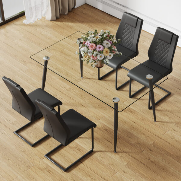 Modern minimalist rectangular transparent tempered glass dining table, 0.4 inches thick, black metal legs, suitable for kitchen, dining room, and living room 63 "* 35.4" * 30 " DT-1544