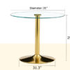 A 35-inch diameter glass top and a modern, minimalist round dining table with gold metal legs. Ideal for dining rooms, living rooms and meeting rooms.
