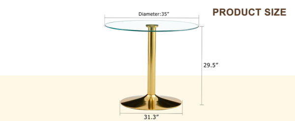 0fcb9612f2414415a3467edef4add035_4d2e44ffcde94c9b30f479d2365634bd A 35-inch diameter glass top and a modern, minimalist round dining table with gold metal legs. Ideal for dining rooms, living rooms and meeting rooms.