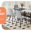 Table and chair set.71*35.4 inch White And Black Spliced Dining Table With Storage Function In The Middle Of The Table Legs.Paired With  6 Light Gray Linen Dining Chairs With Curved Widened Cushion.