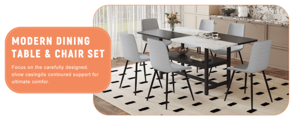 1017af0e38c042f5b8d930457a762787_379d60cce864e3dae8aadd7c8b115723 Table and chair set.71*35.4 inch White And Black Spliced Dining Table With Storage Function In The Middle Of The Table Legs.Paired With 6 Light Gray Linen Dining Chairs With Curved Widened Cushion.