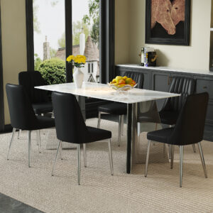 Table and chair set.63*31.4 Inch Luxurious Cold Jade Sintered Stone Dining Table Set - 6 Black Chairs With Silver Metal Legs.Modern Light Luxury.Perfect For Dinner Room,Meeting Room,Kitchen,etc.