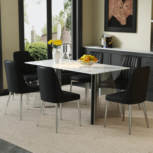 10185936c9634115838a9e20d7a6ca3f_89fa75e61884d8d851f5ff2f9b5c20a0 Table and chair set.63*31.4 Inch Luxurious Cold Jade Sintered Stone Dining Table Set - 6 Black Chairs With Silver Metal Legs.Modern Light Luxury.Perfect For Dinner Room,Meeting Room,Kitchen,etc.