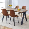 Table and chair set.63"x35.4" Wood-Textured MDF Dining Table with Black A-Frame Legs.Paired with 4 Brown Technology Fabric Round Corner Dining Chair.Density Board Sticker,Iron Pipe Spraying,