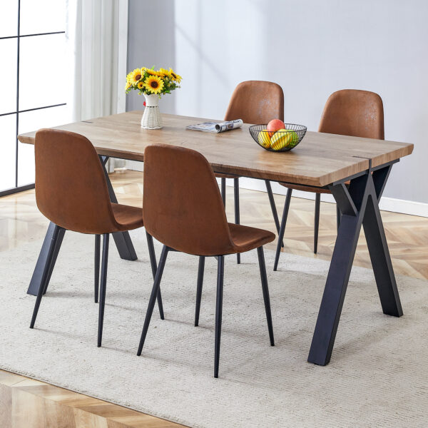 1020626a644d4a64b64a0b91c8a62e0c_e5ea2bd9c36cc572508fb2dfaaa7bf9d Table and chair set.63"x35.4" Wood-Textured MDF Dining Table with Black A-Frame Legs.Paired with 4 Brown Technology Fabric Round Corner Dining Chair.Density Board Sticker,Iron Pipe Spraying,