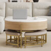 Modern Round Lift-Top Coffee Table with Storage & 3 Ottoman White & Natural