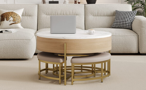 Modern Round Lift-Top Coffee Table with Storage & 3 Ottoman White & Natural
