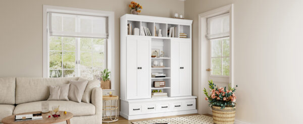 U-Can 78.7''H Hall Tree with Bench and 5 Storage Cubbies, Modern Entryway Storage Organizer Cabinet with 4 Doors, 5 Drawers and Adjustable Shelves for Hallway, Entryway, Living Room