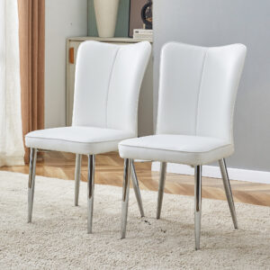 Modern minimalist dining chairs, office chairs. 2-piece set of white PU seats with silver metal legs. Suitable for restaurants, living rooms, and offices.W1151116745