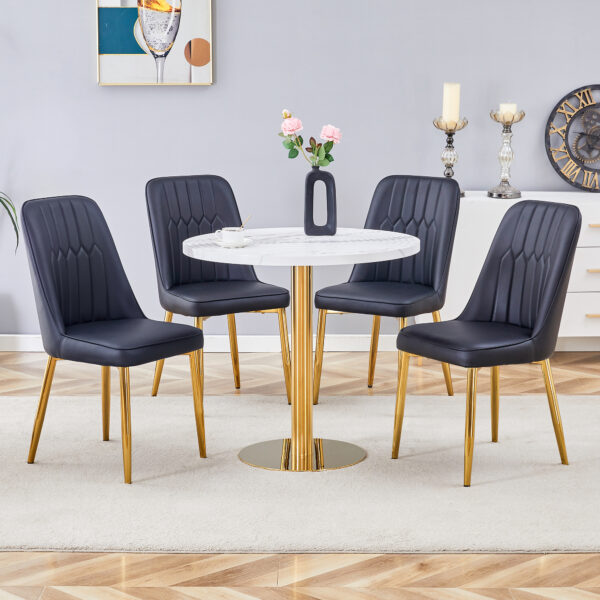 10b69c0d5aa943a4ae057c53f111580d_888a458469e3c59a7b7f02677d22661f Table and chair set.31.5 Inch Elegant White Marble Pattern Round Dining Table - Suction Molding Annular Texture.Paired With 4 Black PU Chairs with Simple Line Designs On The Backrest.