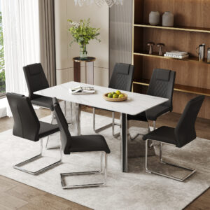 Table and chair set.63"x31.5x30" Luxurious Snow Mountain Patterned Sintered Stone Table with Silver Stainless Steel Butterfly Legs.Paried With 6 Black High-quality PU Chairs With Arched Metal Legs.