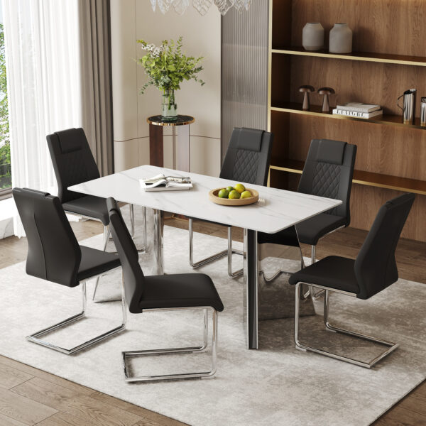 10bffb9f80d84ed9b02a9c9df856410e_892ca94e4905ec067cd24dea40c1d7f8 Table and chair set.63"x31.5x30" Luxurious Snow Mountain Patterned Sintered Stone Table with Silver Stainless Steel Butterfly Legs.Paried With 6 Black High-quality PU Chairs With Arched Metal Legs.