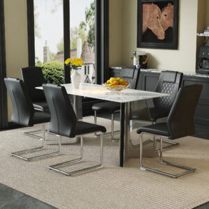 Table and chair set.63*31.4 Inch Luxurious Cold Jade Sintered Stone Dining Table Set - 6 Black High-quality PU Chairs With Arched Silver Metal Legs.Perfect For Dinner Room,Meeting Room,Kitchen,etc.