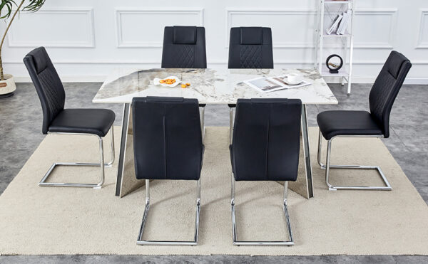 10cf85bfdb30487b95fce272436426ed_a65cdccffcffefbaf71ca3705e3c49e2 Table and chair set.63"x31.5x30" Luxurious Pandora patterned Sintered Stone Tabletop with Silver Stainless Steel Butterfly Legs.Paried With 6 Black High-quality PU Chairs With Arched Metal Legs.