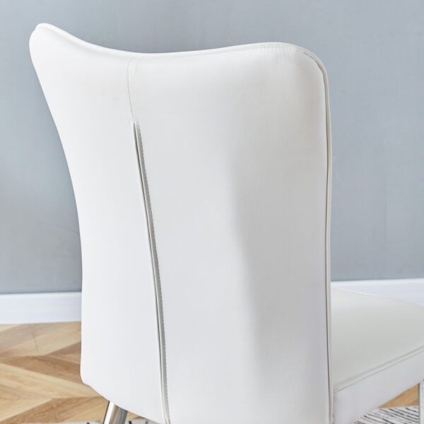 10e46a2ab687449fa17aa8b267a5e263_6c83ca359639d311d1dda6d501b971c9 Table and chair set.64.5x35.4 Inch Stylish White Marble Textured Dining Table.Paried With 4 White PU Chairs with a vertical stripe design on the backrest.Create Your Exclusive Low-Key Luxury Space.
