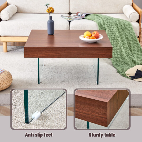 10f94ea05a3a4328b59cba33e739ccc6_d799a620719cb4eb42be018fa024d6e4 Walnut Colored Square MDF Coffee Table - 31.5"x31.5" with Tempered Glass Legs.Density Board Sticker,Reinforced Glass Legs.Walnut Colored Texture Sticker.